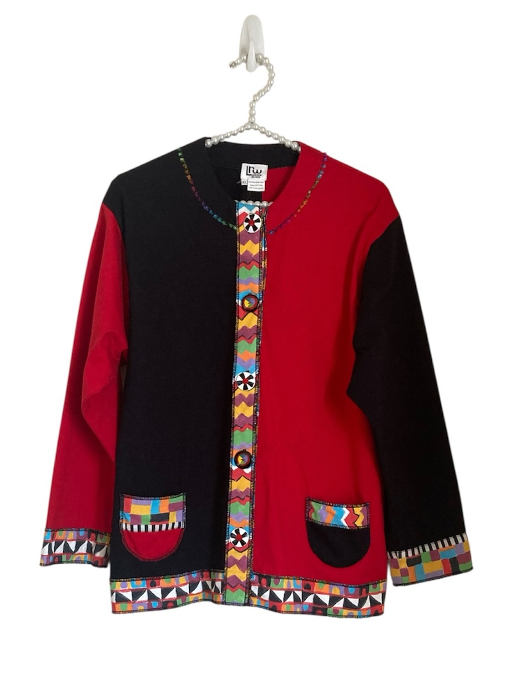 LRW Designs Atlanta XL HandPainted Cotton Red Black ColorBlock Jacket Blazer Art